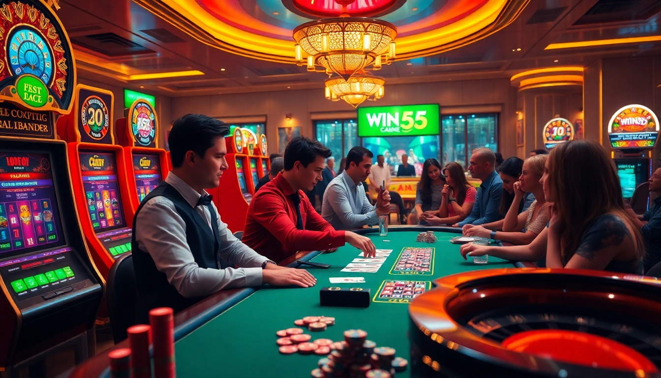 Experience the thrill of win55 online with gamblers enjoying vibrant casino action, cards, and chips.