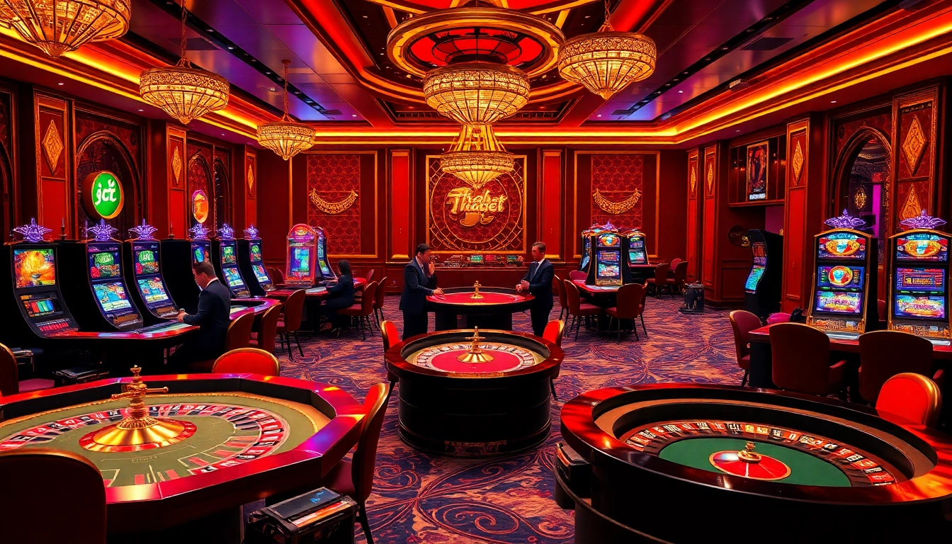 Engage with the exciting atmosphere at thabet.com, showcasing vibrant online casino gameplay with dealers and colorful slot machines.