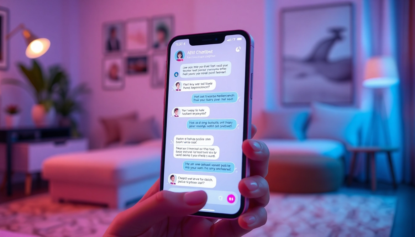 Engaging sex chat ai interface on a smartphone, showcasing intimate conversations in a cozy setting.