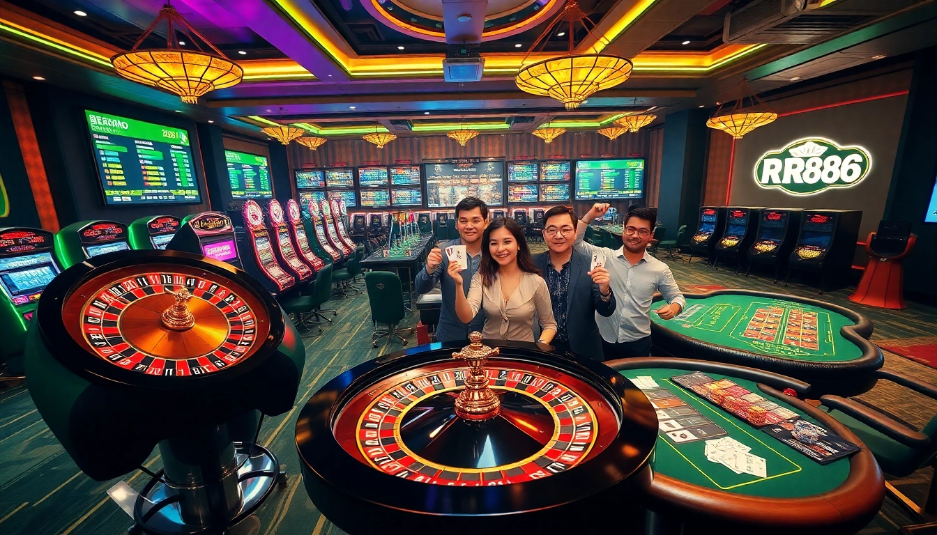 Experience thrilling RR88 gameplay with vibrant casino tables, roulette wheels, and excited players.