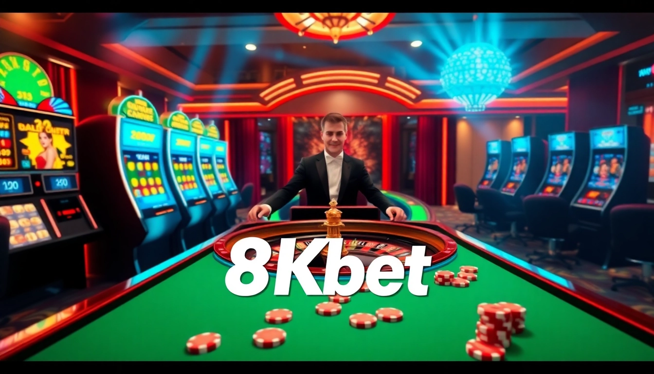 Experience the excitement of 8kbet with a player enjoying a luxurious online casino setup featuring roulette and slots.