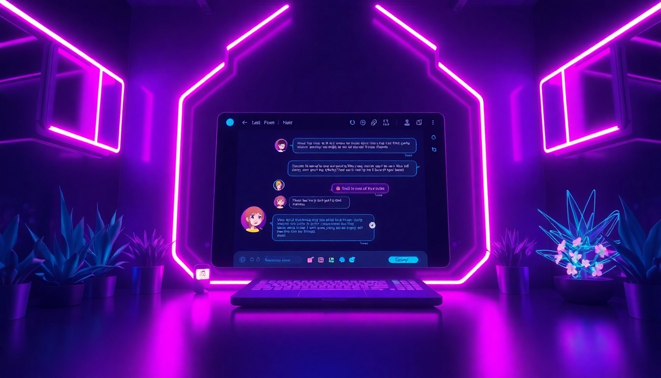 Engaging interface visual illustrating free ai sex chat with neon accents and dynamic character avatars.