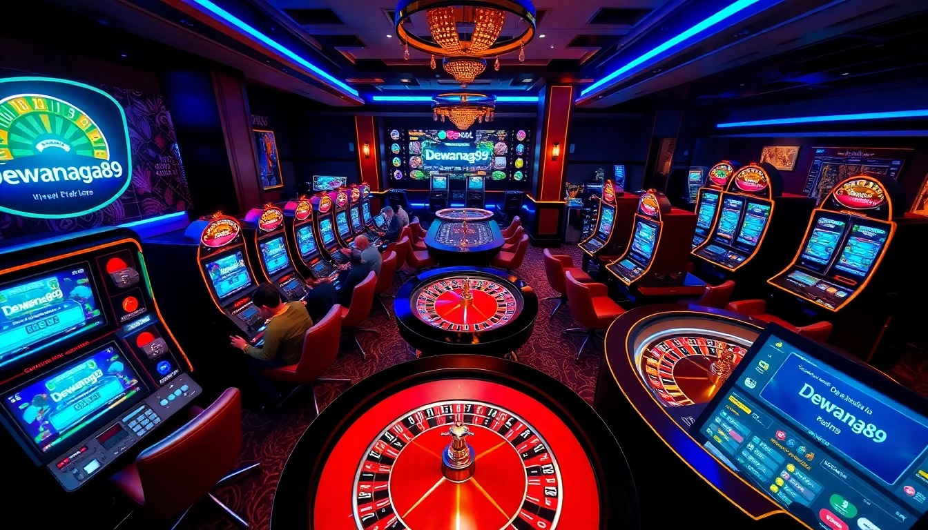 Dewanaga89 menonjolkan suasana perjudian online yang menarik dengan mesin slot yang berwarna-warni dan meja roulette.