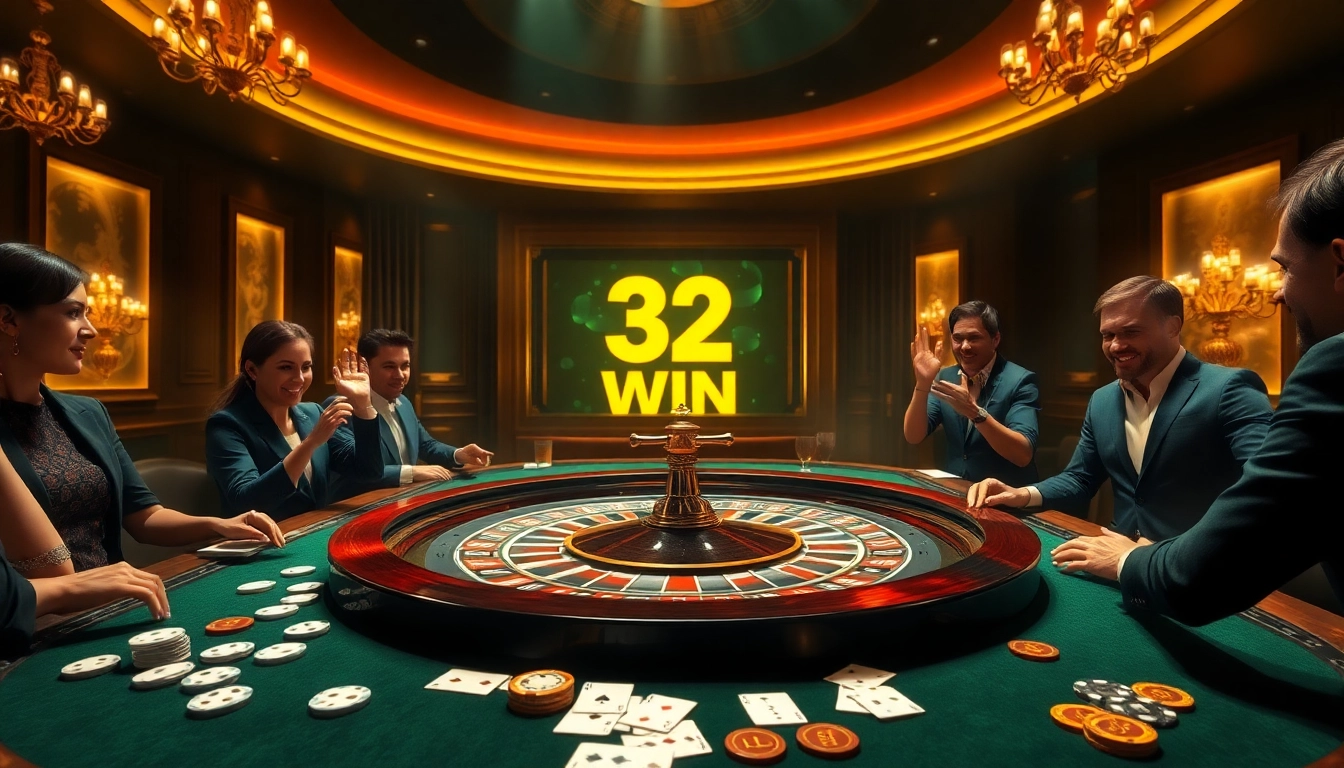 Experience the thrill of 32 win at a luxurious casino, featuring an elegant roulette table and vibrant players.