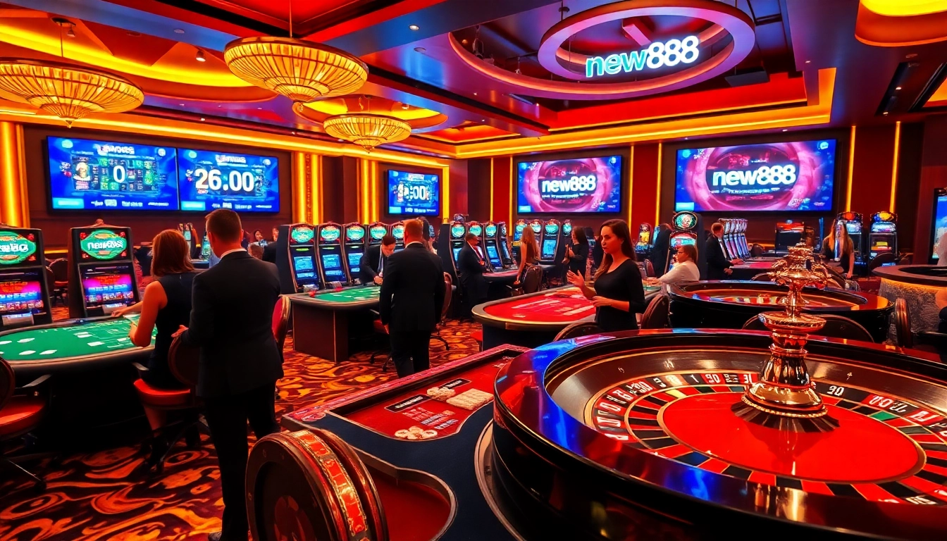 Experience the excitement of new888 gaming with poker chips and roulette in a vibrant casino scene.