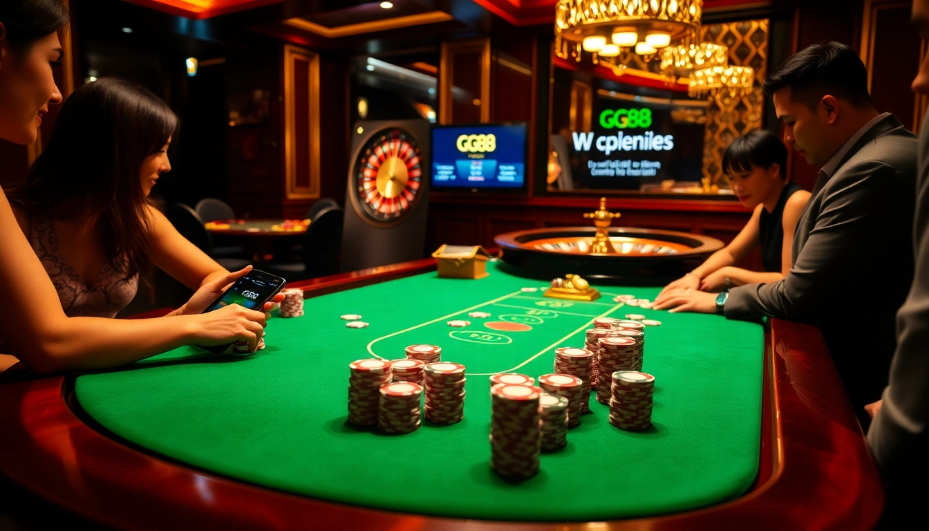 Players enjoy a thrilling game at the GG88 poker table, immersed in a luxurious casino atmosphere.