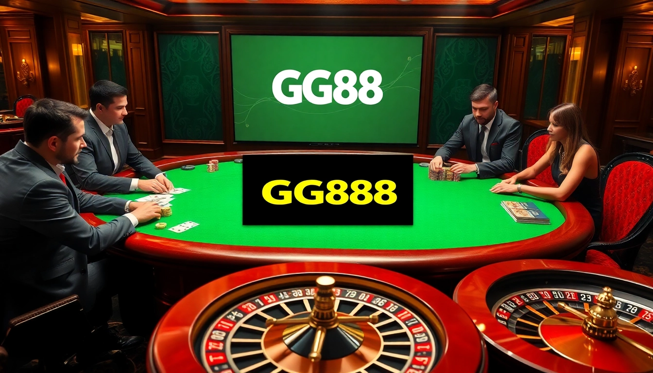 Experience the thrilling excitement of GG88 with professional poker gameplay surrounded by luxury casino details.