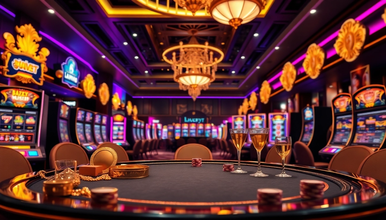 Permainan luxury777 game menampilkan suasana kasino yang mewah dengan mesin slot dan aksesori emas.