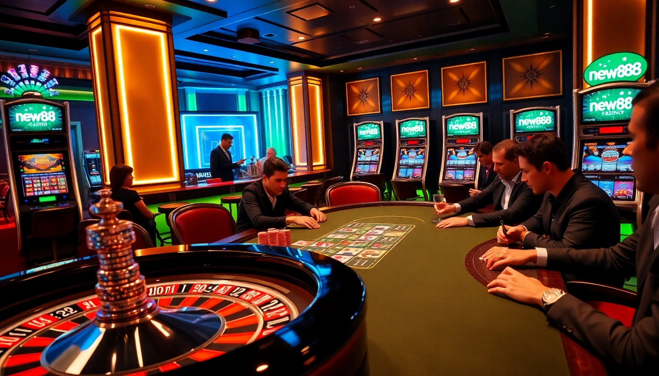 Experience high-stakes gaming at new888 with poker tables and vibrant slot machines.