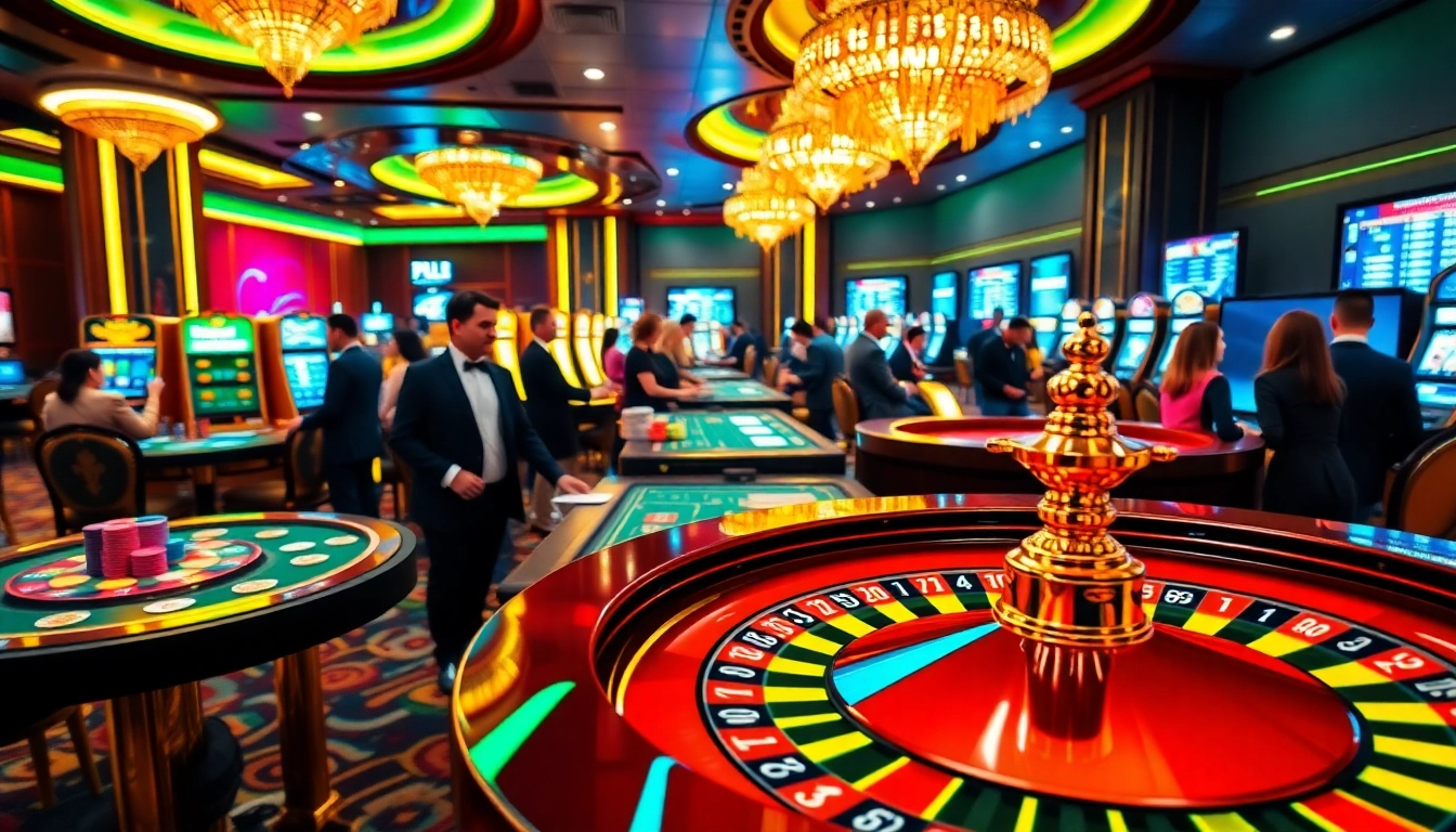 Experience the thrill of online betting with ink vao 12bet at a luxurious casino scene featuring roulette and vibrant gamblers.
