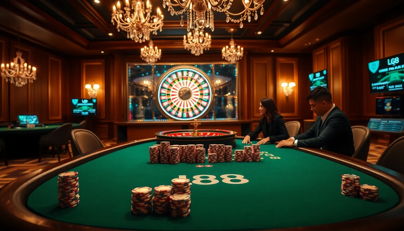 Players strategizing at the LC 88 poker table in a luxurious casino setting.