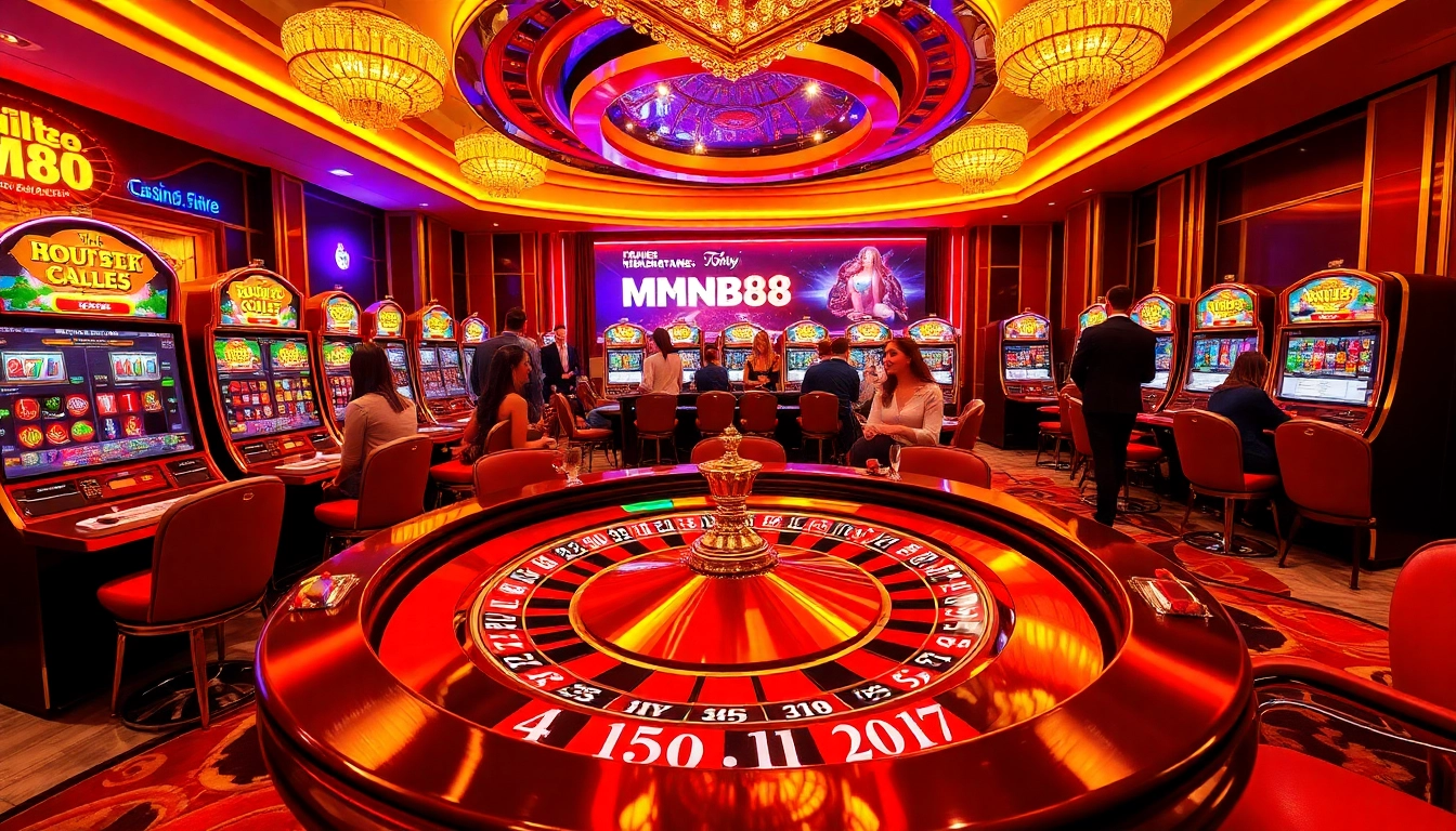 Experience the excitement of gambling at https://mm88.tokyo/ with a luxurious casino scene featuring vibrant tables and players.