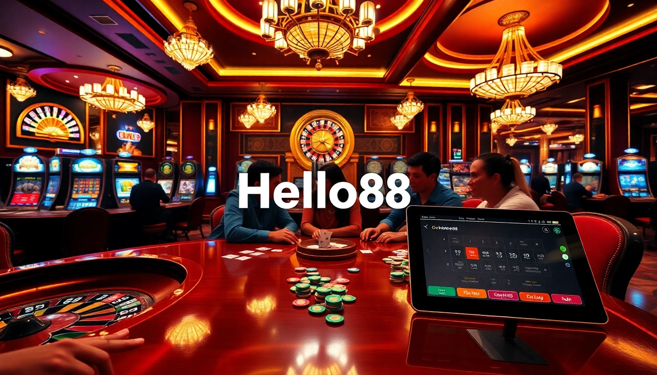 Players enjoying a thrilling poker game at Hello88 casino, with chips and cards on an elegant table.