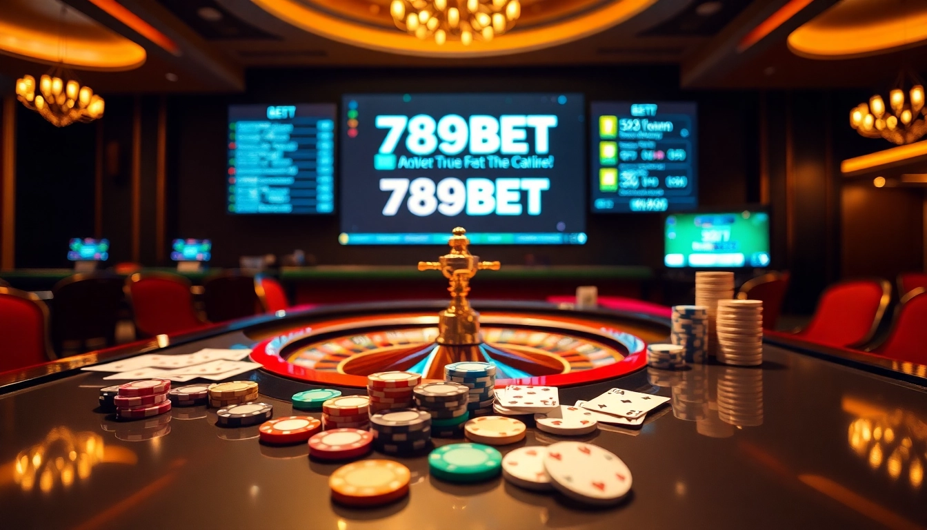 Experience high-stakes gaming at 789bet with a vibrant casino scene featuring roulette and poker chips.
