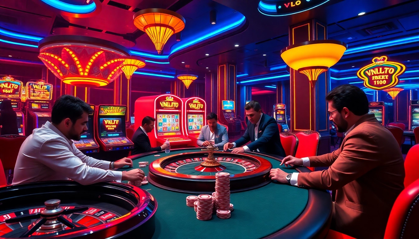 Players engage at the VNLOTO poker table, immersed in a thrilling casino atmosphere.