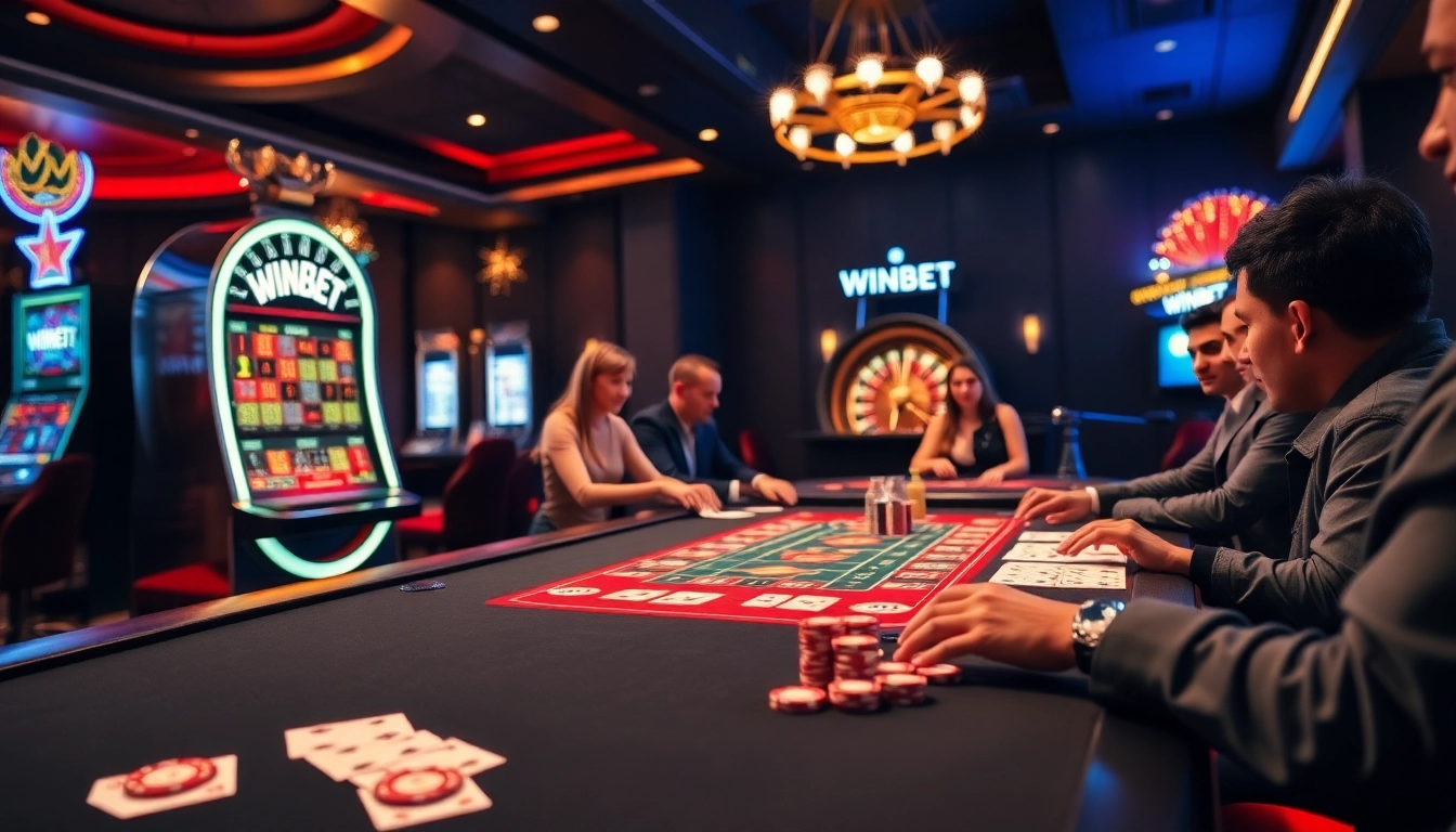 Players enjoying a thrilling game at a WINBET branded casino table with vibrant poker chips and cards.