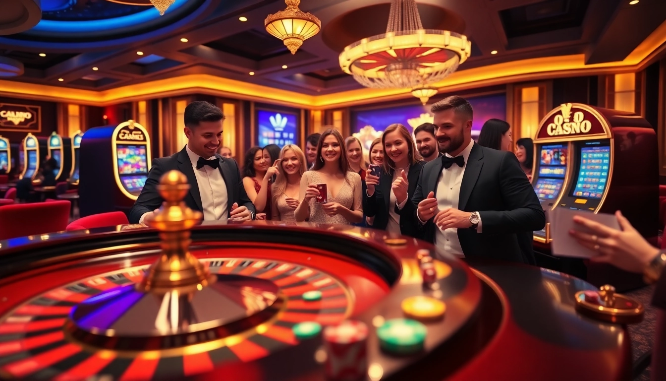 Engaged gamblers winning at a luxurious casino scene featured on https://kkwin.life with roulette, slots, and vibrant gaming action.
