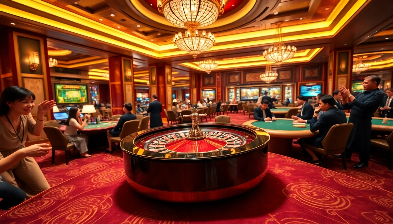 Excited gamblers playing roulette and poker at a luxurious casino, highlighting rr88's vibrant gaming environment.