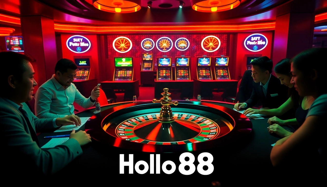 Experience the excitement of Hello88 with players at a roulette table in a luxurious casino setting.