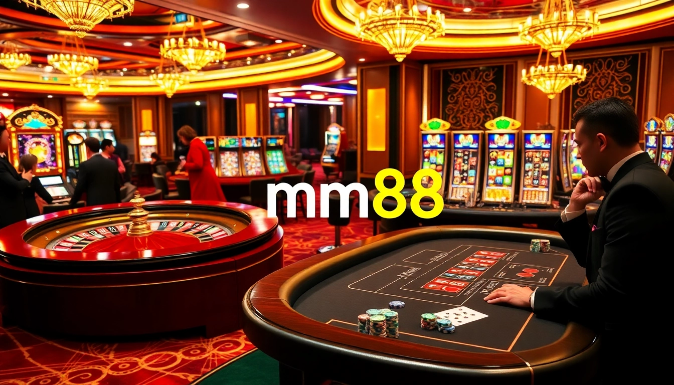 Experience the thrill of mm88 with vibrant casino games, tables, and elegant decor in a luxurious gambling atmosphere.