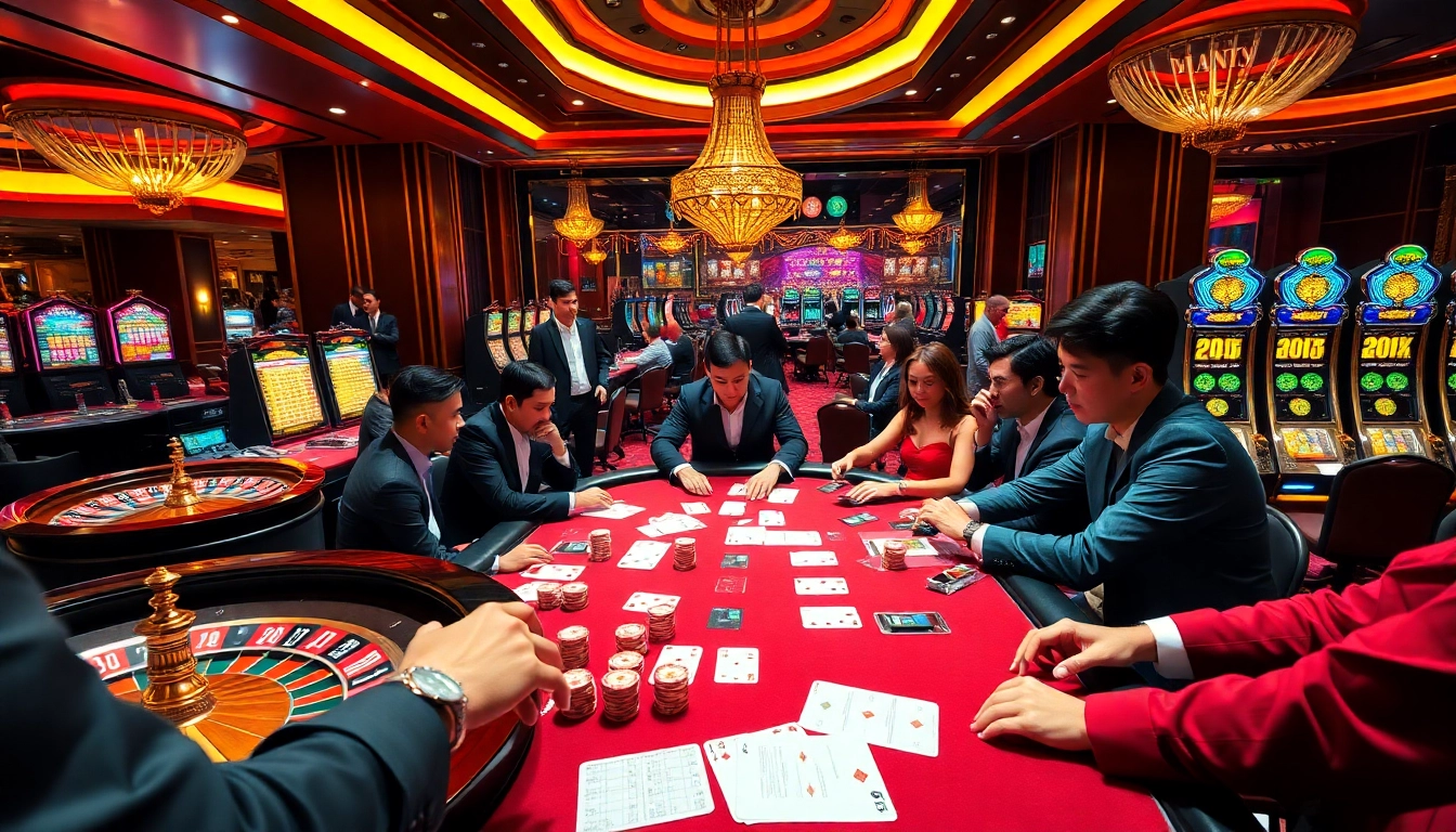 Hi8823 players strategizing at a vibrant casino table with poker chips and cards.