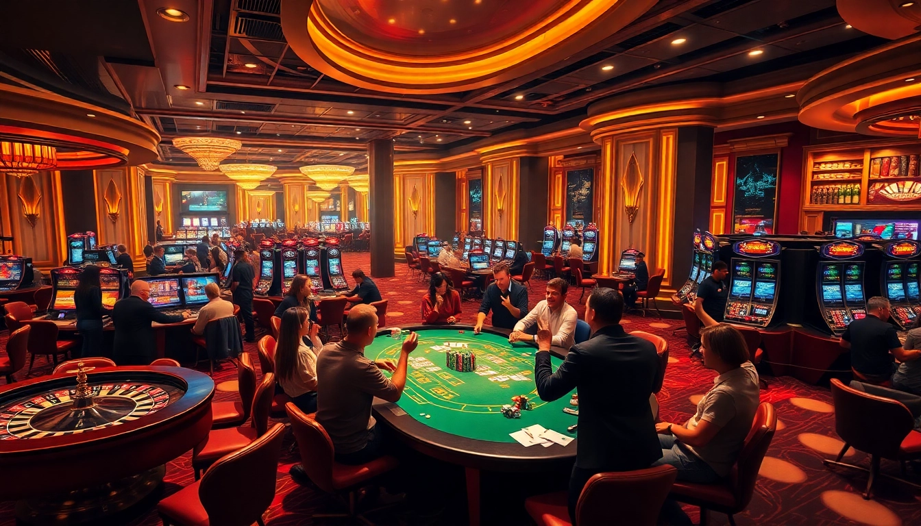 KJC global casino scene with players enjoying poker and roulette amidst a luxurious atmosphere.
