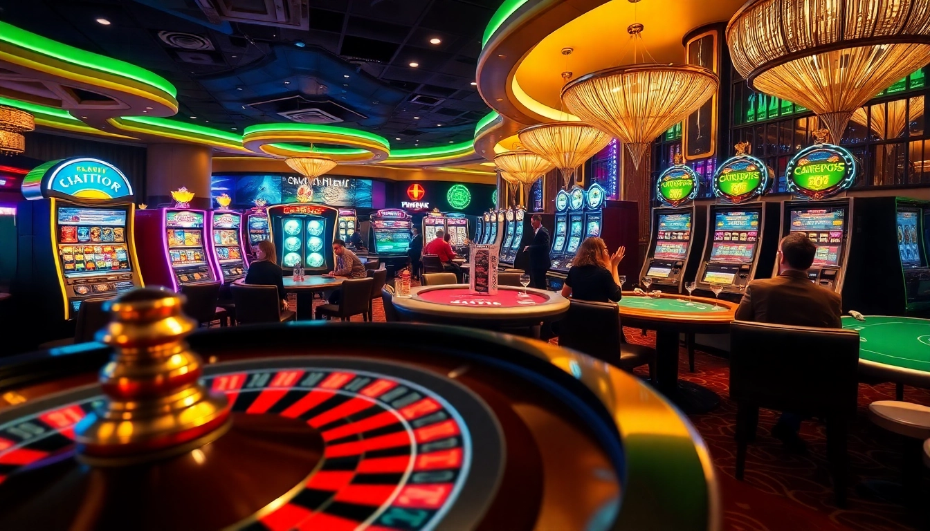 Exciting casino gaming scene showcasing KJC's vibrant roulette wheel and poker tables.