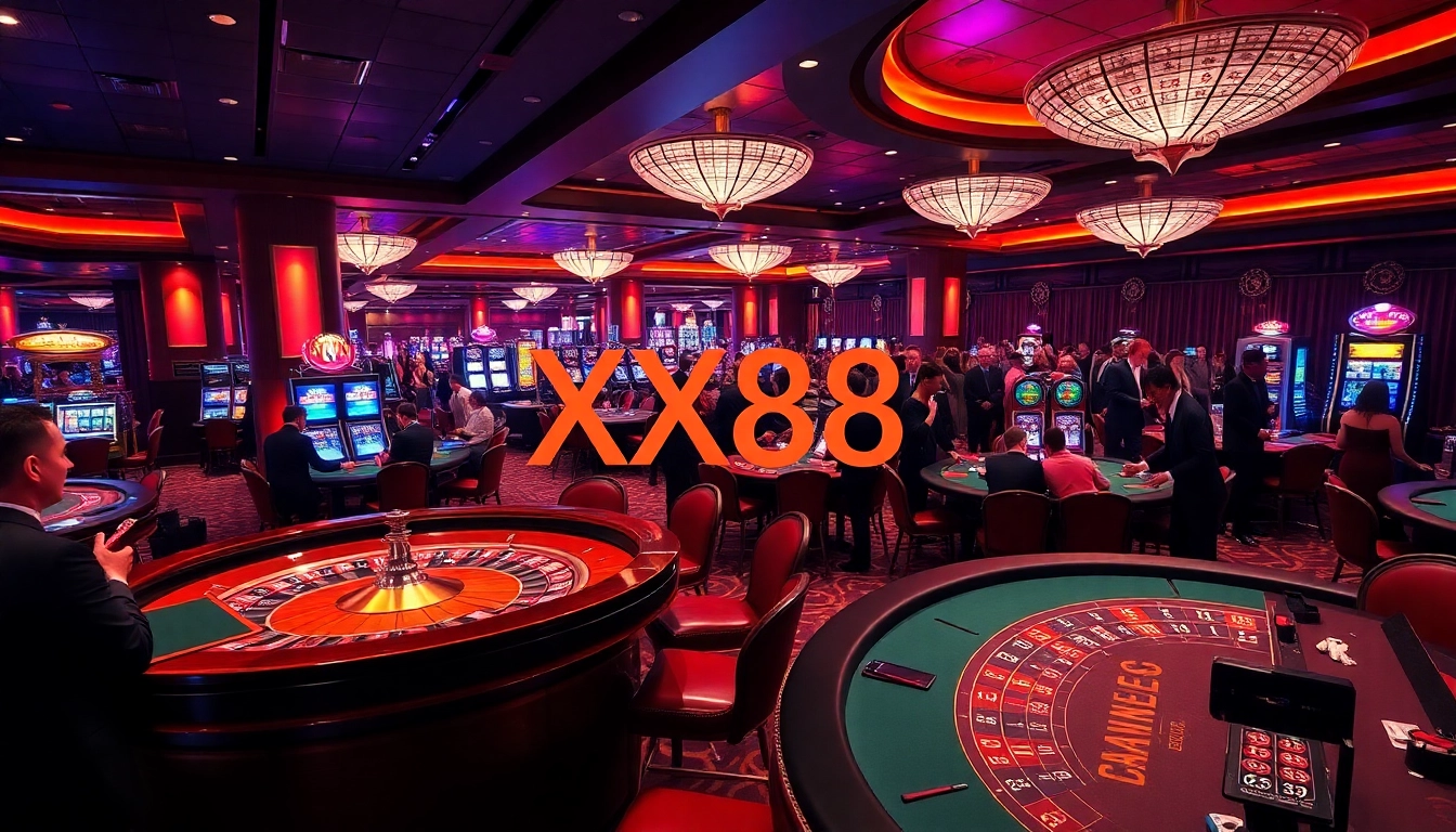 Players gambling at a vibrant casino featuring the XX88 logo on tables and machines.