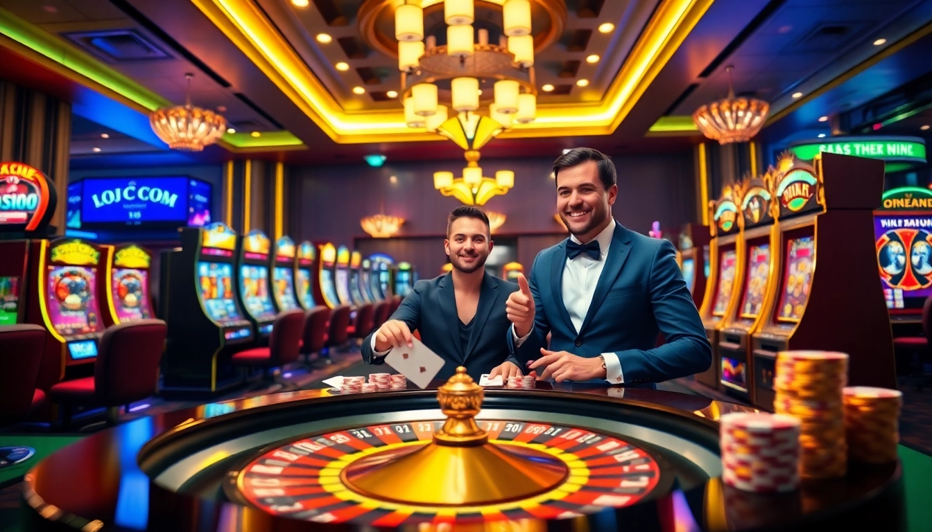 Exciting casino gaming scene featuring poker chips, cards, and a roulette wheel at KJC COM.