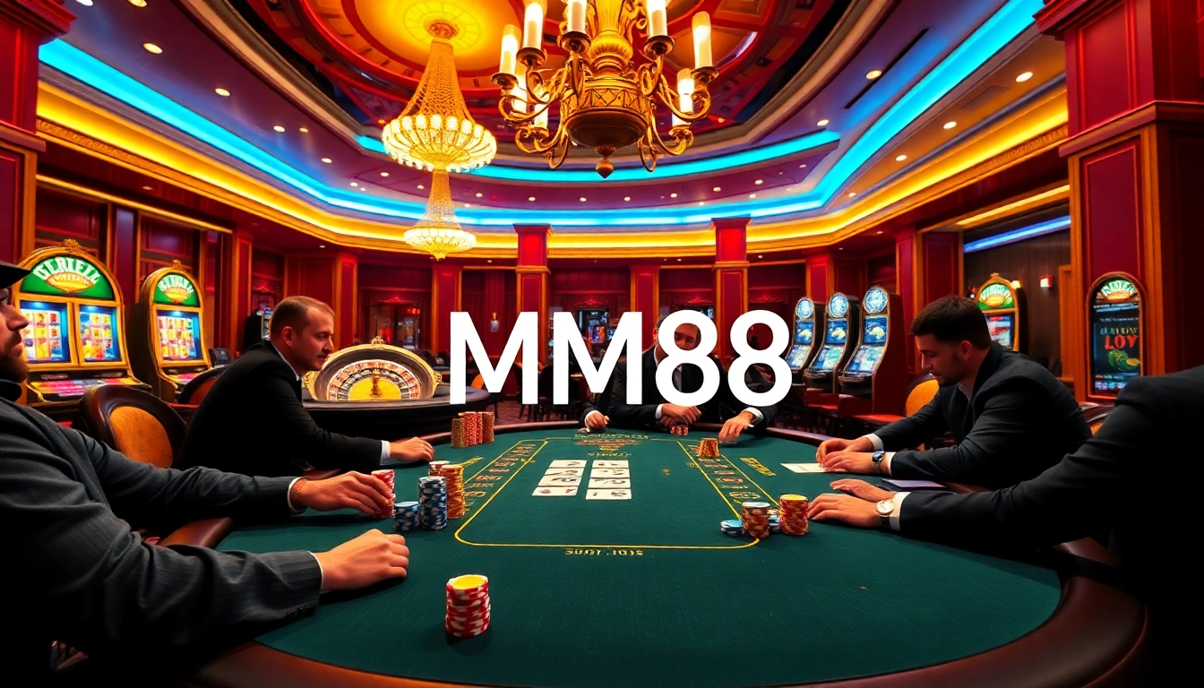 Players engaged at a professional poker table with MM88 branding, showcasing excitement in gambling.
