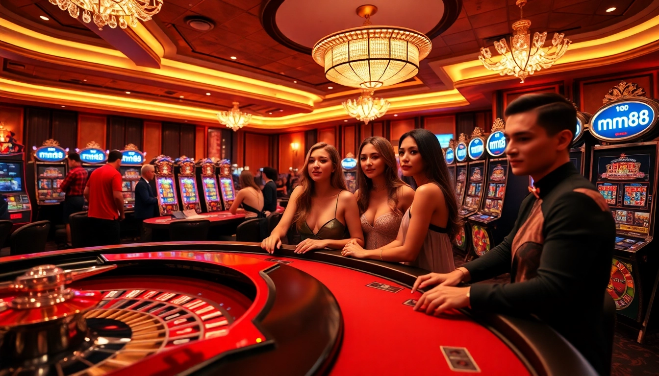 Excited gamblers playing at mm88 casino tables filled with chips and glowing slot machines.