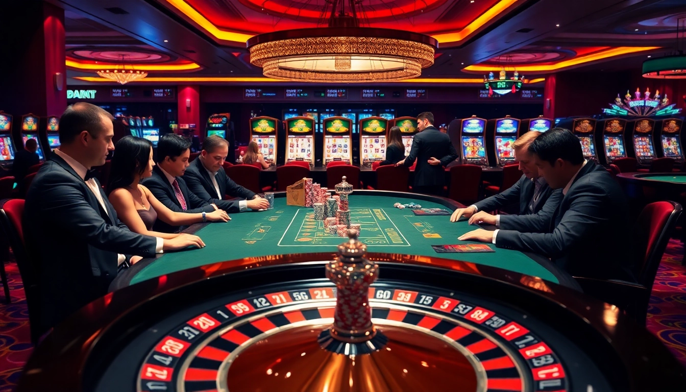 Win55 strategy session at an upscale poker table with focused players and vibrant slot machines.