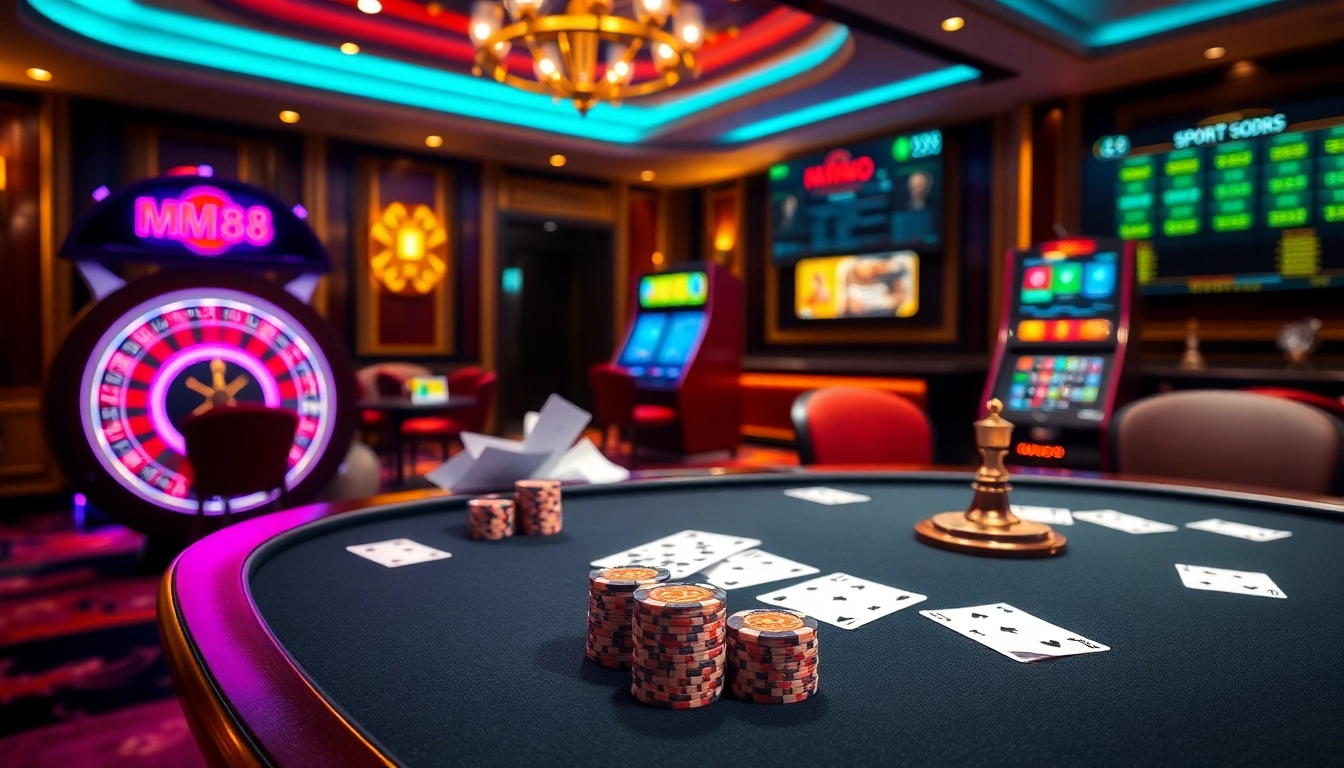 MM88 casino scene with poker table, roulette wheel, and vibrant gaming graphics.