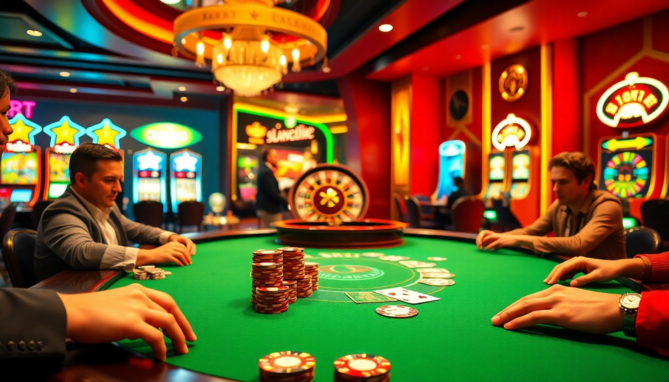 Experience the thrill of gameplay at jun881 casino, featuring vibrant gaming tables and slot machines.