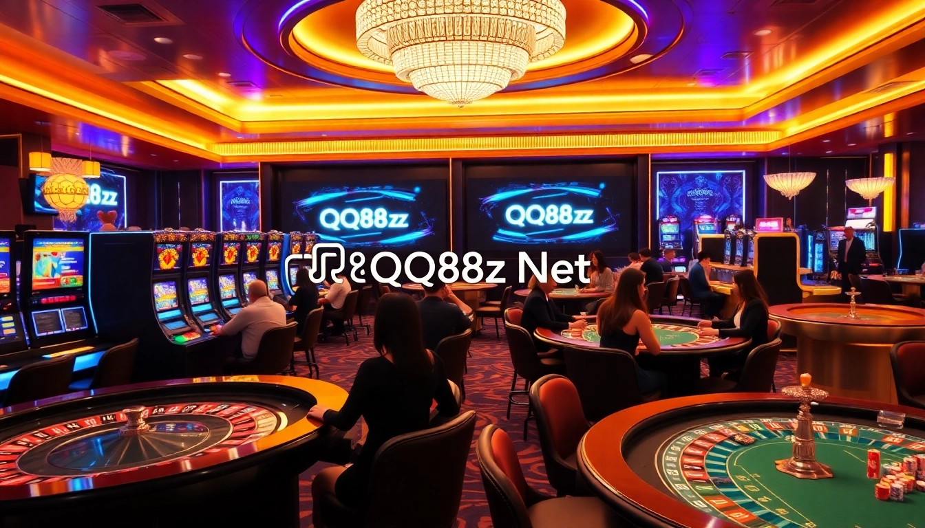 Experience luxury and excitement at QQ88z Net with vibrant casino scenes featuring roulette tables and slot machines.