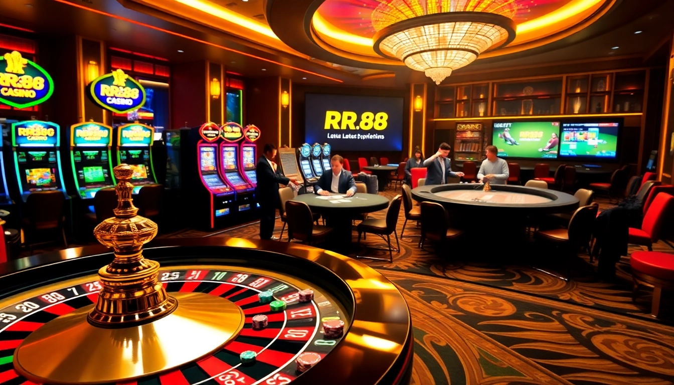 Players enjoying a thrilling game at RR88 Casino with vibrant slot machines and a roulette wheel.