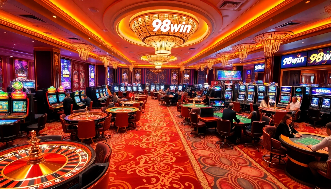 Players winning big at 98win casino with vibrant slot machines and roulette tables.