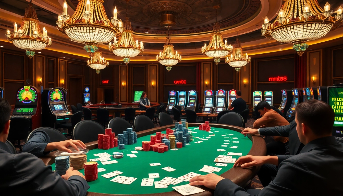 House of games and betting at nhà cái mm88, featuring poker, slots, and roulette in an elegant casino setting.