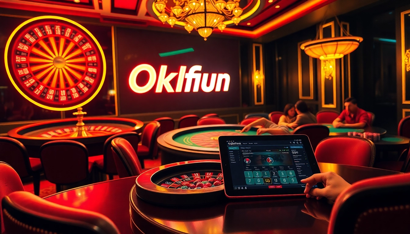 Players engaged in a thrilling game at an Okfun casino, showcasing vibrant casino elements.