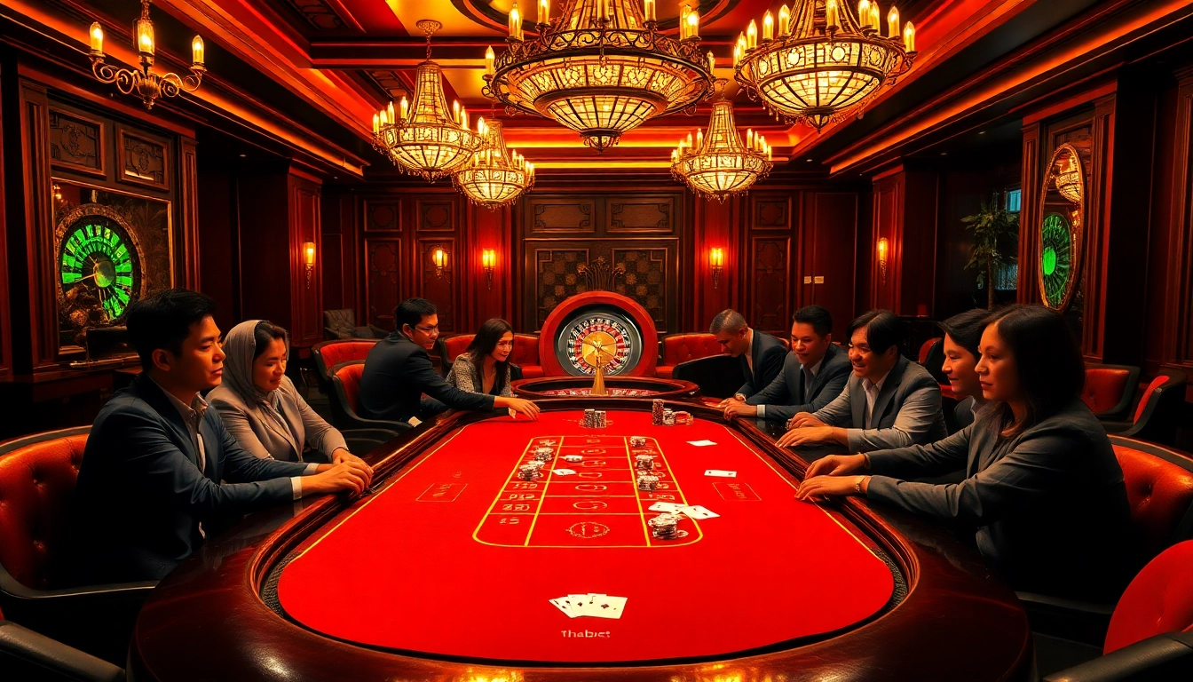 Experience the thrill at thabet com's luxurious casino with poker tables, chips, and vibrant energy.