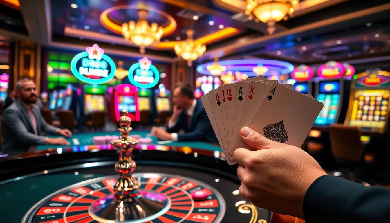 Gambling action at DR88 online casino with roulette, poker cards, and vibrant slot machines.