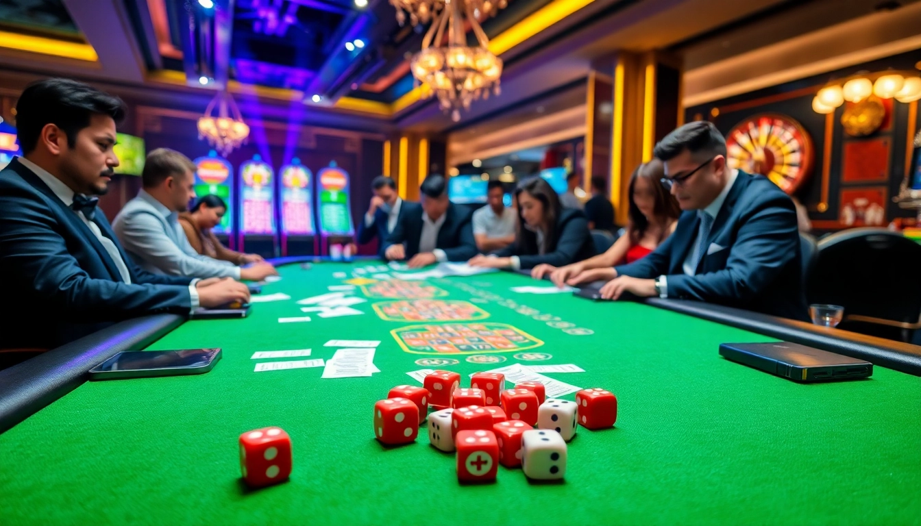 Tài xỉu online gaming table creating excitement with dice and betting slips.