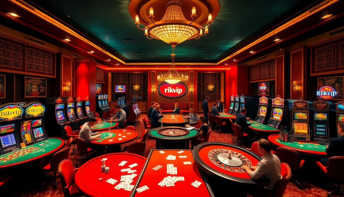 Experience thrilling gambling moments at rikvip with vibrant casino tables and slot machines.