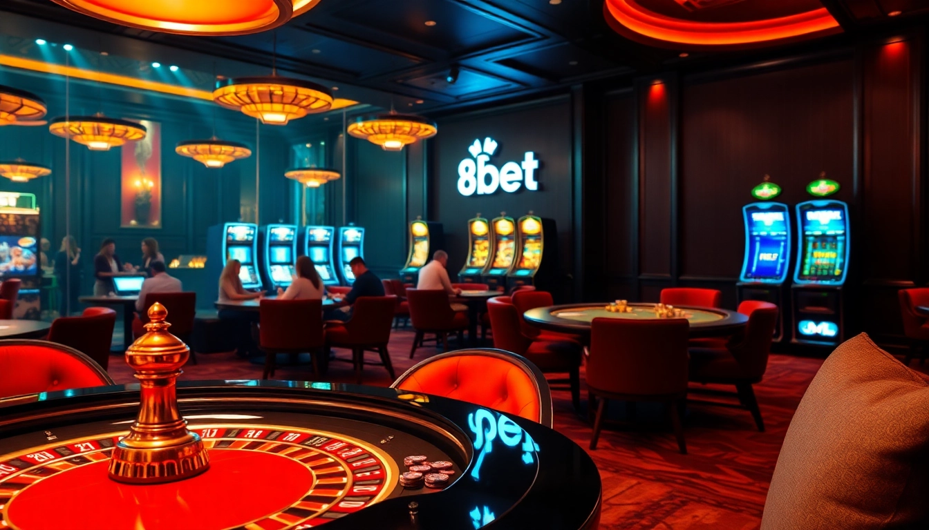 Gamblers enjoying a luxurious online casino experience with 8Xbet tables and vibrant slot machines.