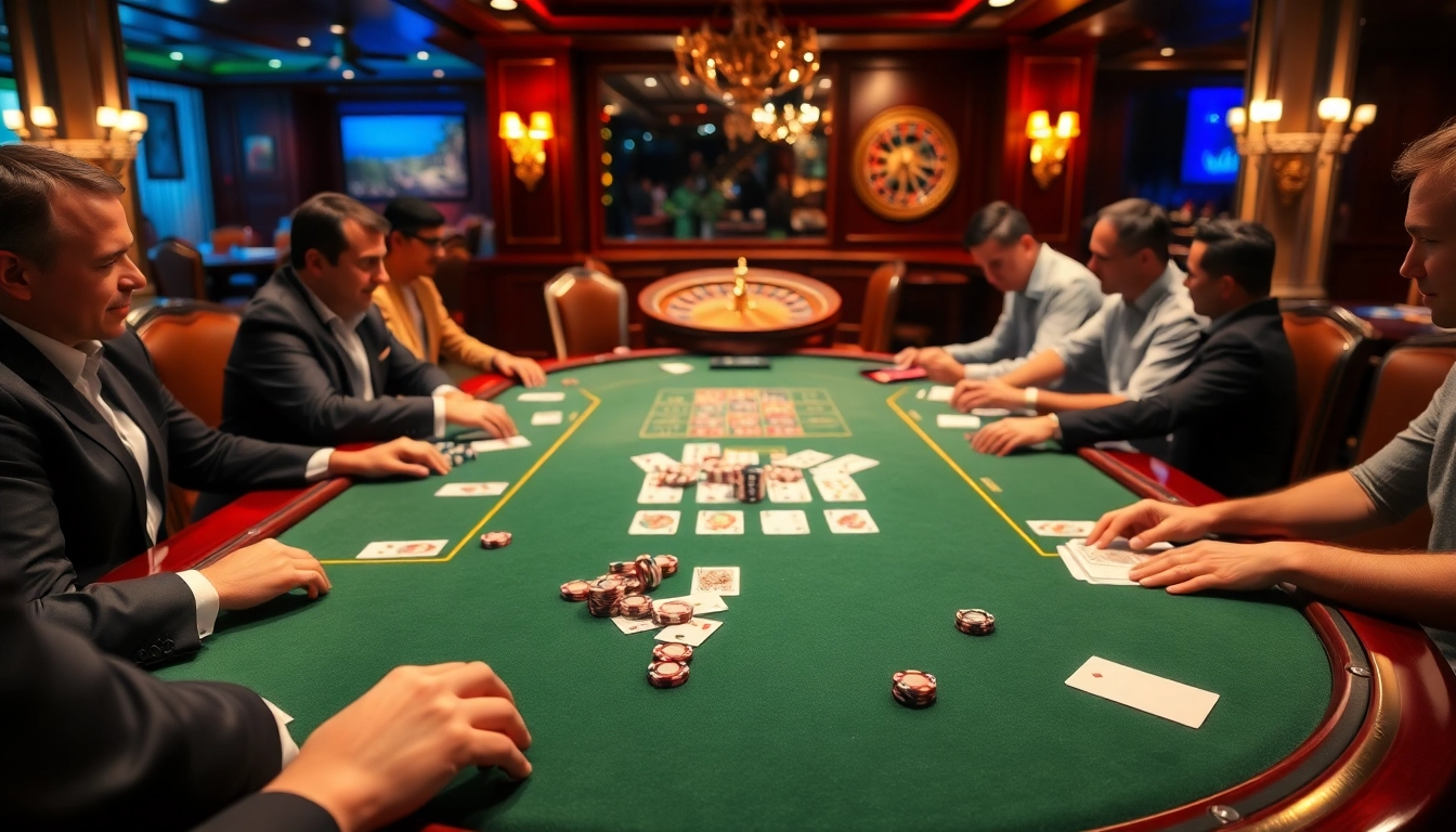 שחקנים מעורבים סביב שולחן פוקר בהימורים גבוהים, המציגים אסטרטגיות הימור והתרגשות בקזינו יוקרתי.