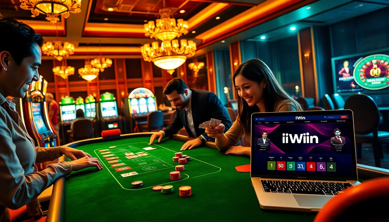 IWin members enjoying an upscale casino experience with poker and slot machines.