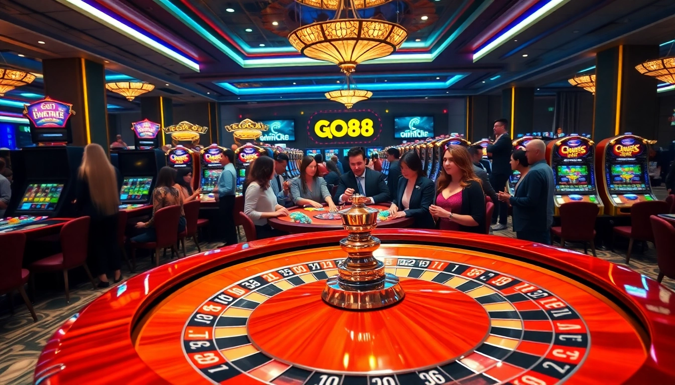 Exciting casino floor scene featuring Go88vn betting tables, vibrant roulette wheel, and eager gamblers.