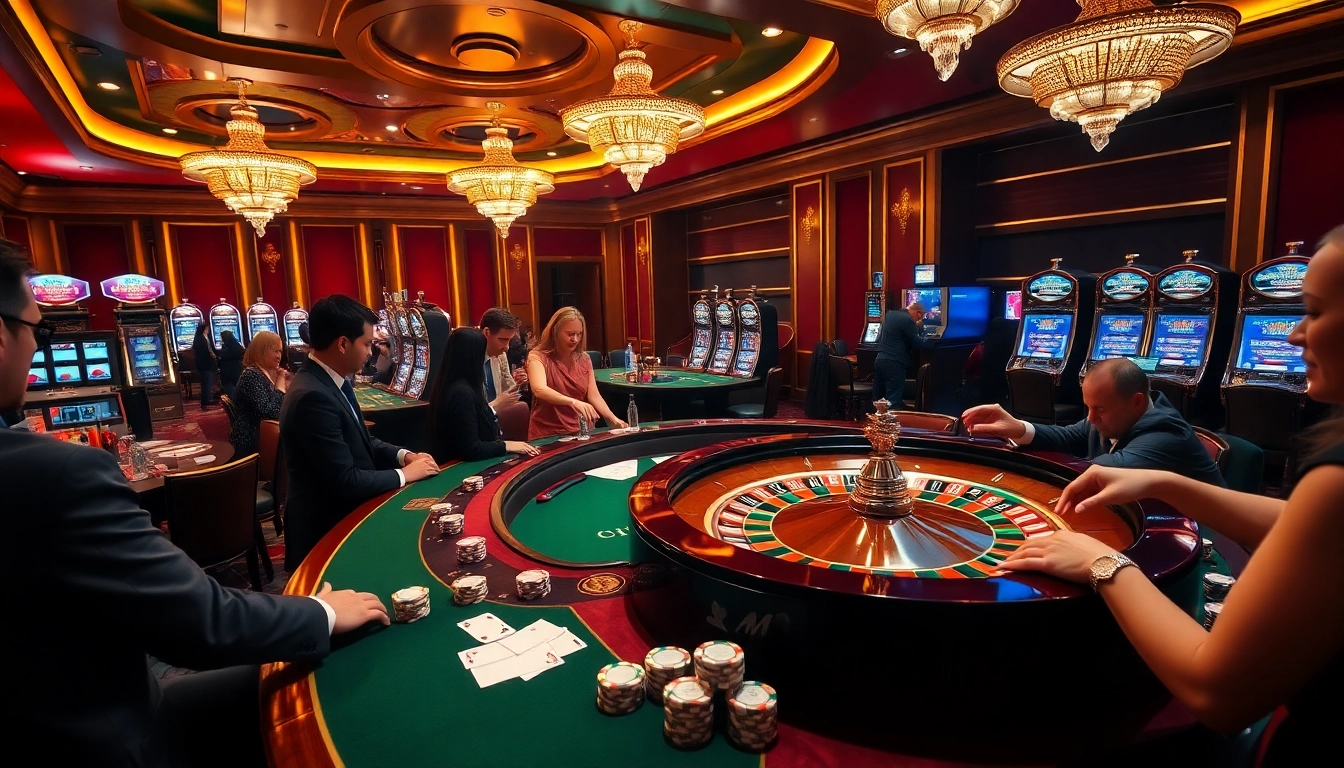 Engaging scene of players betting in a luxurious casino at https://nohu900.dev/ with roulette wheel and poker chips.