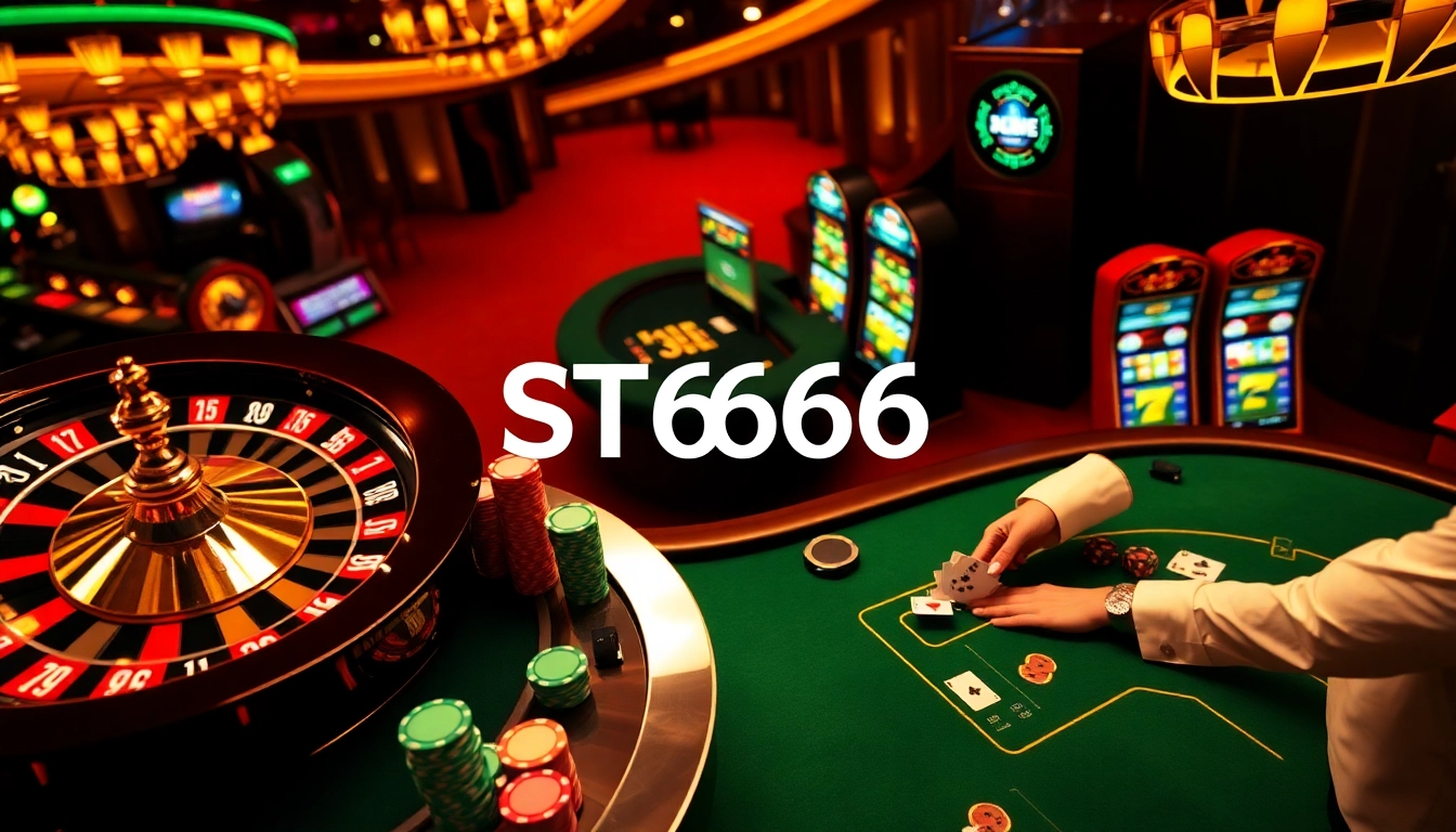 Players enjoying a vibrant casino experience at ST666 with roulette and poker tables.