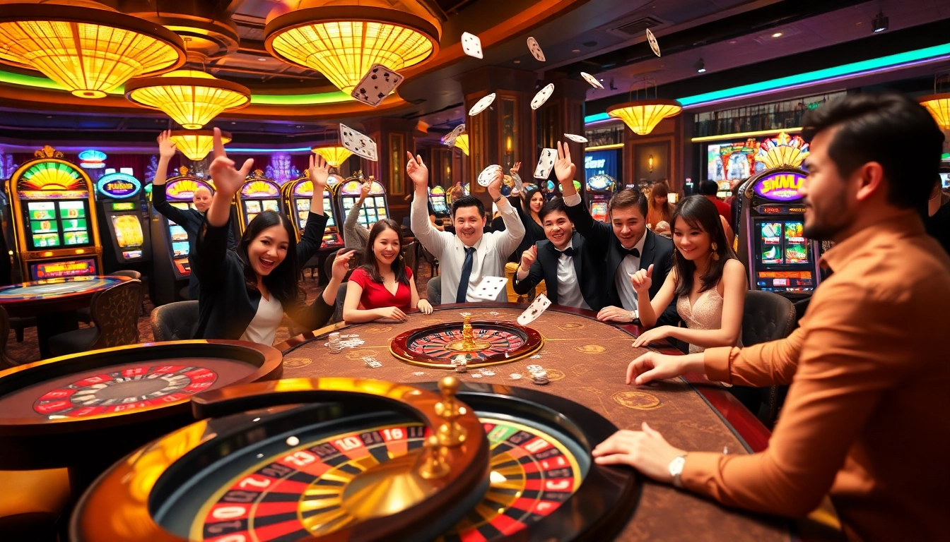 Thrilled players celebrating winning moments at 789bet events, surrounded by vibrant casino atmosphere and games.